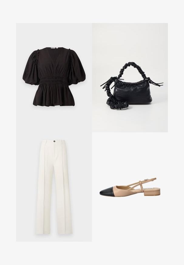 Μαύρη μπλούζα με φουσκωτά μανίκια και βαθύ V-ντεκολτέ, με συγκεντρωμένη μέση και φαρδύ τελείωμα. Φτιαγμένη από ελαφρύ ύφασμα με απαλή υφή.; Λευκά, φαρδιά παντελόνια με ψηλή μέση, που διαθέτουν δύο πιέτες στο μπροστινό μέρος, κουμπί κλεισίματος και τσέπες. Απαλή υφή υφάσματος.; Δίχρωμο καφέ και μαύρο πέδιλο με μυτερή μύτη, επίπεδη σόλα και διακοσμητική κορδέλα σε σταυρό. Λείος δερμάτινος υφής.; Μαύρη τσάντα από faux δέρμα με υφή κροκοδείλου, κλειστή στο επάνω μέρος και με ρυτιδωμένο λουρί. Φαίνεται μαλακή και συμπαγής στο σχέδιο.