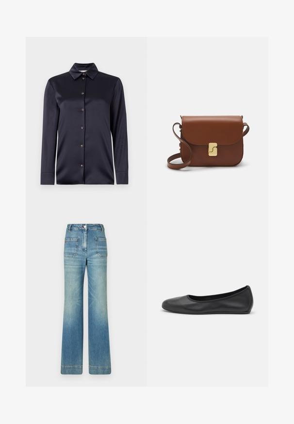 Navyblaue Satinkleidungsstück mit langen Ärmeln, klassischem Kragen, vorderer Knopfleiste und glatter Textur. Verfügt über einen dezenten Glanz und eine taillierte Passform.; Weißes kurzärmliges T-Shirt aus geripptem Stoff. Runder Halsausschnitt, normale Passform und dezente Nähte. Keine Muster oder Grafiken.; Helle blaue, ausgestellt geschnittene Jeans aus Denim mit fünf Taschen, Gürtelschlaufen, Knopfverschluss und einer leicht verblassten Textur, die ein rotes Logodetail auf der Rückseite aufweist.; Schwarze Leder-Ballettschuhe mit abgerundeter Spitze, glatter Textur, minimalen Nähdetails und einem flexiblen Sohlen-Design.; Braune Ledertasche mit Klappenverschluss, Beschlägen in Goldfarbe, einem Schultergurt und einer glatten Oberfläche. Kompakte rechteckige Form.