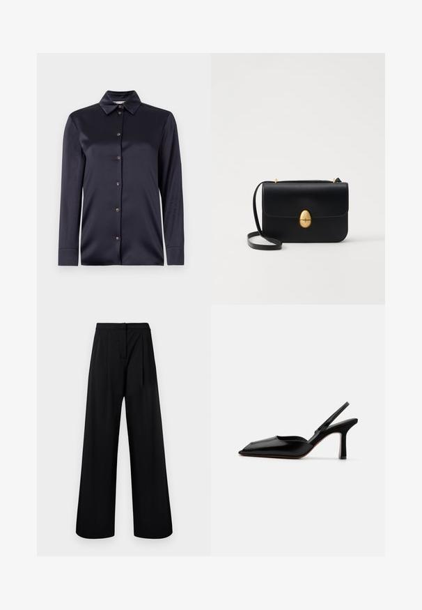 Cămașă din satin albastru închis cu mâneci lungi, cu guler clasic, închidere pe față cu nasturi și textură netedă. Dispune de o strălucire subtilă și o croială ajustată.; Pantaloni largi negri, confecționați dintr-un material neted, cu talie înaltă și detalii plisate. Fără embellishments sau modele vizibile.; Sandale din piele neagră cu toc, cu vârf ascuțit, design minimalist, curea subțire la gleznă și toc subțire elegant. Textură netedă.; Geantă de mână din piele neagră, cu o formă rectangulară structurată. Are un capac oval auriu și o curea subțire pentru umăr. Textură netedă.