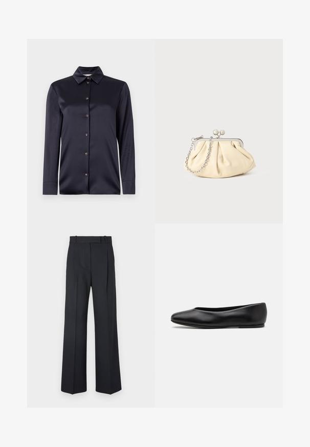 Navyblaue Satinkleidungsstück mit langen Ärmeln, klassischem Kragen, vorderer Knopfleiste und glatter Textur. Verfügt über einen dezenten Glanz und eine taillierte Passform.; Dunkelblaue Nadelstreifenhosen mit hoher Taille, weit geschnittenem Bein und ohne sichtbare Beschläge oder Verzierungen. Glatte Textur und taillierte Passform.; Paul Smith TOPANGA - Klassischer Ballerina - black; Faltige beigefarbene Ledertasche mit einem silbernen Metallrahmen, ausgestattet mit zwei runden dekorativen Verschlüssen und einem silbernen Kettenriemen.