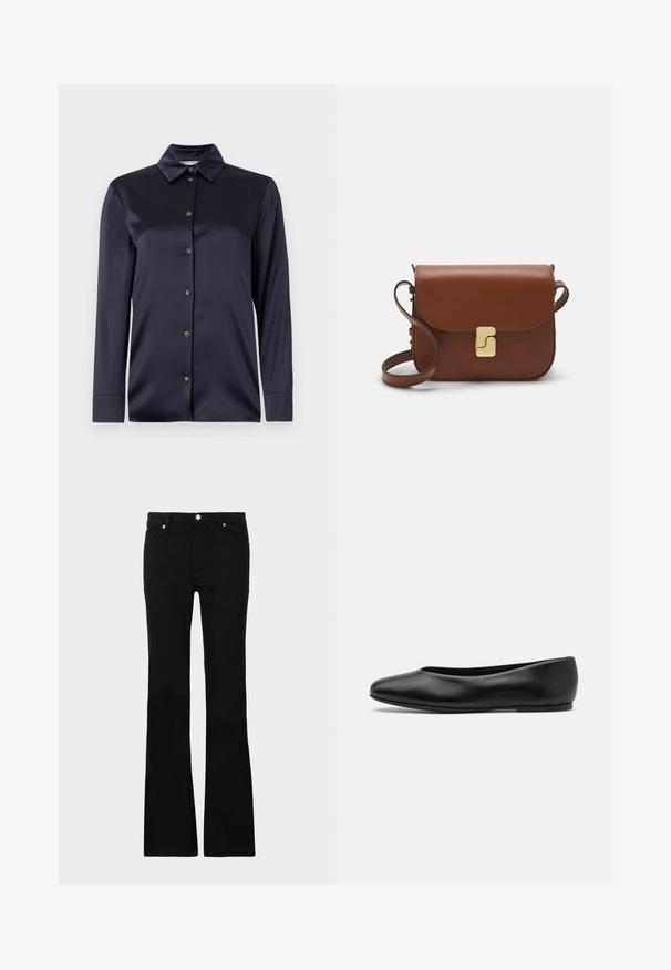Navyblaue Satinkleidungsstück mit langen Ärmeln, klassischem Kragen, vorderer Knopfleiste und glatter Textur. Verfügt über einen dezenten Glanz und eine taillierte Passform.; Schwarze, ausgestellte Jeans aus Denim, ausgestattet mit zwei Fronttaschen, einem Knopfverschluss und einer glatten Oberfläche. Signatur-Nähte an den Nähten sichtbar.; Paul Smith TOPANGA - Klassischer Ballerina - black; Braune Ledertasche mit Klappenverschluss, Beschlägen in Goldfarbe, einem Schultergurt und einer glatten Oberfläche. Kompakte rechteckige Form.