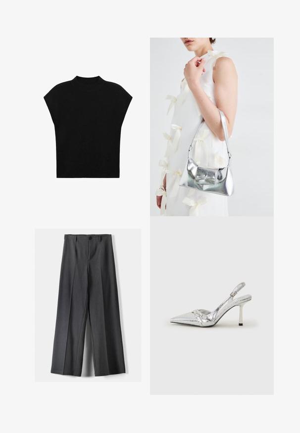 Black knitted top featuring a high, ribbed neckline and short, wide sleeves. The fabric has a smooth, soft texture with no patterns.; Wide-leg trousers in dark grey fabric, featuring a button closure, front pleats, and belt loops. Smooth texture with a tailored design.; Silver slingback high heel shoe with a pointed toe, metallic finish, two decorative straps, and a slender heel with a black tip.; Silver metallic handbag with a structured shape, featuring a top handle and bow detail on the front. Smooth texture, reflective finish.