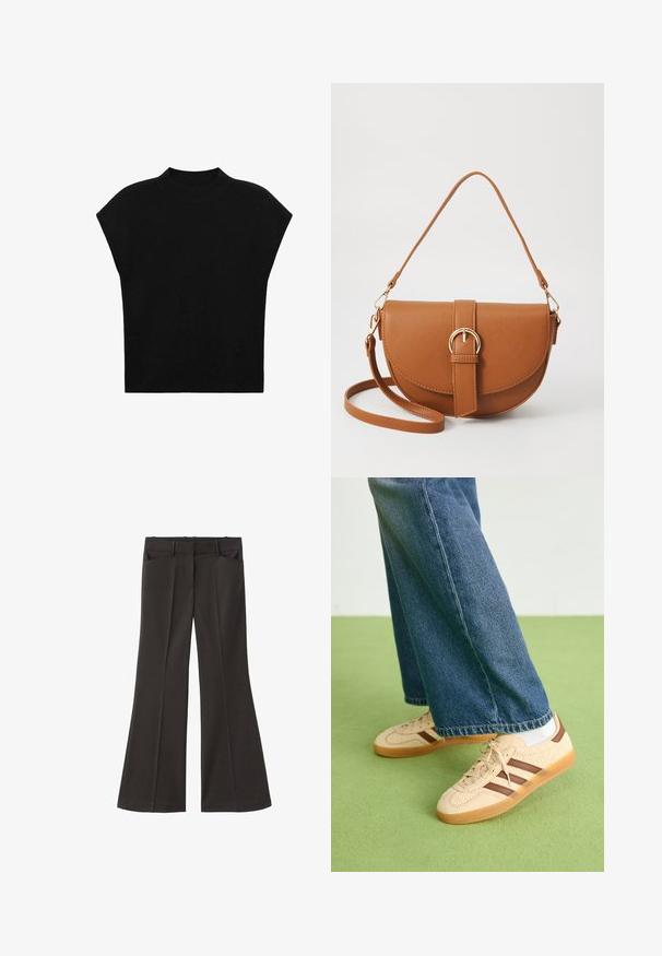 Zwarte gebreide top met een hoge, ribbelige halslijn en korte, brede mouwen. De stof heeft een gladde, zachte textuur en geen patronen.; Zwarte flared broek met een hoge taille; beschikt over twee voorkeurszakken en een gladde stoftextuur. Geschikt voor verschillende gelegenheden.; Beige sneakers met gestructureerde crèmekleurige panelen en bruine strepen, gecombineerd met blauwe denim jeans. De jeans hebben een brede pijp en een rafelige zoom.; Bruine leren schoudertas met een gebogen vorm, gouden hardware en een gespaccent. Bevat een afneembare schouderriem.