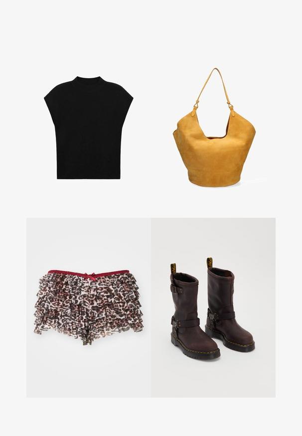 Zwarte gebreide top met een hoge, ribbelige halslijn en korte, brede mouwen. De stof heeft een gladde, zachte textuur en geen patronen.; Bloemenprint luipaardshorts met gelaagde ruffles, met een rode kant tailleband en een kleine strikaccent aan de voorkant.; Bruine leren laarzen met een ontwerp tot halverwege het kuit, voorzien van een riem en gesp, een dikke zwarte zool en gele stikselaccenten.; Mosterdgele suède schoudertas met een brede opening, gebogen bovenranden en een enkele schouderband. Zachte textuur met een gladde afwerking.