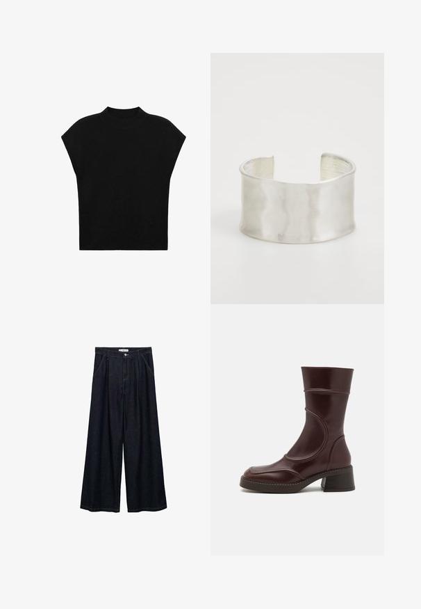 Črn pleteni top z visokim, rebrastim ovratnikom in kratkimi, širšimi rokavi. Tkanina ima gladko, mehko teksturo brez vzorcev.; Temno jeans hlače širšega kroja z visokim pasom, ki imajo sprednje zapiranje na gumb, dve stranski žepu in detajle v šivanju.; MIISTA MALENE - Klasični gležnjarji - brown; Zign Zapestnica - silver-coloured