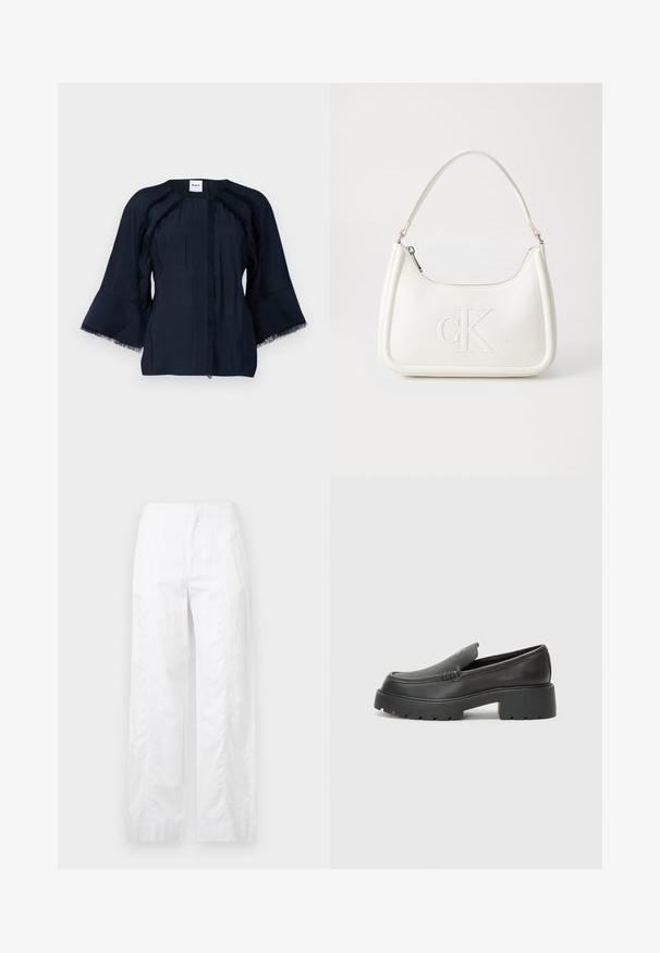 Tumedat sinised topp kolmanda kvartali kellade varrukatega, millel on frantsiisidekmaariga kaunistused õmbluste ääres ja ümmargune kaelus. Kerge kangas, millel on peen tekstuur.; Valged laiad püksid, mis on valmistatud kergetest materjalidest, omades siledat tekstuuri, puhtaid jooni ja kõrget vöökohta.; Mustad nahast loafers ümarate varvastega, paksu tekstuuriga tald ja minimaalsete õmbluse detailidega. Viimistletud disain, kus pole nähtavaid paelu ega riistu.; Valge nahast käekott, millel on kumer kuju, esiküljel on reljeefne "CK" logo ja üks õlavarre rihm. Ülemine tõmblukkuu.