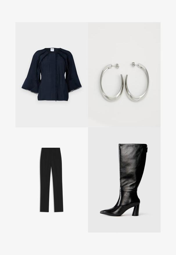 Marineblaues Oberteil mit drei Viertel-Glöckchenärmeln, das Fransenverzierungen an den Nähten und einen runden Halsausschnitt bietet. Leichter Stoff mit subtiler Textur.; Schwarze maßgeschneiderte Hose mit geradem Bein, ausgestattet mit Fronttaschen und einem glatten, strukturierten Stoff. Saubere, minimale Details.; Knöchelhohe schwarze Lederstiefel mit einer spitzen Zehe, glatter Oberfläche und einem klobigen Absatz. Verfügt über einen Reißverschluss hinten.; Silberne Creolen mit einem glatten, geschwungenen Design. Mit einem glänzenden metallischen Finish und Steckverschluss. Keine sichtbaren Muster oder Akzente.