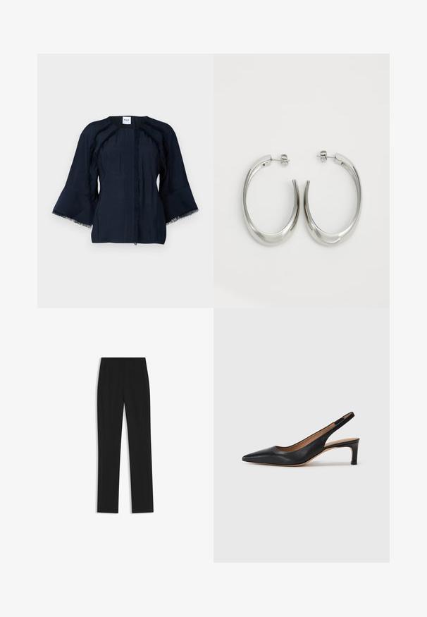 Top blu navy con maniche a tre quarti a campana, caratterizzato da dettagli in frange lungo le cuciture e un collo rotondo. Tessuto leggero con una sottile texture.; Pantaloni neri su misura con un design a gamba dritta, dotati di tasche frontali e un tessuto liscio e strutturato. Dettagli ordinati e minimalisti.; Pump slingback in pelle nera con punta appuntita, tacco basso e texture liscia. Presenta una sottile cinghia regolabile per una vestibilità sicura.; Orecchini a cerchio argentati con un design liscio e curvo. Presentano una finitura metallica lucida e una chiusura a perno. Nessun motivo o accentuazione visibile.