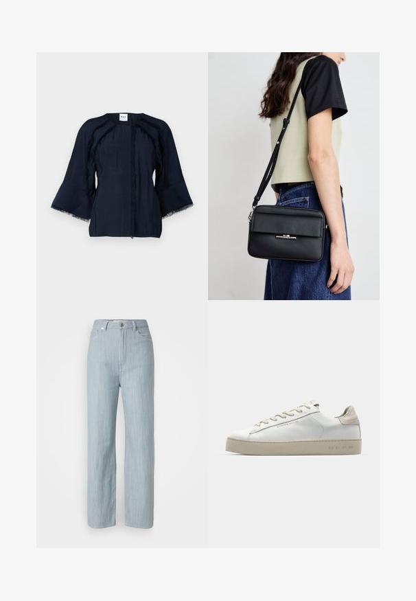 Mornarsko modra majica s tremi četrtinami zvonastimi rokavi, z detajli frnža vzdolž šivov in okroglim izrezom. Lahka tkanina z rahlo teksturo.; Svijetloplave traperice ravnog kroja. Imaju pet džepova, metalno kopčanje na dugme i suptilno izbjeljivanje za teksturu.; Bela usnjena športna obutev z gladko površino, bež semiš detajli, okroglo prst, ravna vezna zasnova in teksturiran gumijast podplat.; Calvin Klein LINEAR CAMERA BAG - Torba čez telo - black