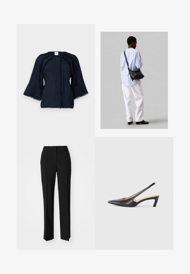Granatowa bluzka z trzema ćwierć rękawami w kształcie dzwonu, z frędzlami wzdłuż szwów i okrągłym dekoltem. Lekki materiał o subtelnej teksturze.; Czarne spodnie o dopasowanym kroju z prostymi nogawkami, o gładkiej fakturze i wyraźnych zagięciach z przodu. Bez widocznych elementów metalowych.; Czarny but na obcasie typu slingback z ostro zakończonym noskiem, z niskim obcasem, wykonany z gładkiej skóry, z wycięciem po boku dla lepszej wentylacji.; Czarna skórzana torba na ramię o miękkiej fakturze, w kształcie trójkąta, z regulowanym paskiem, połączona z jasnoniebieską koszulą w paski i białymi spodniami.