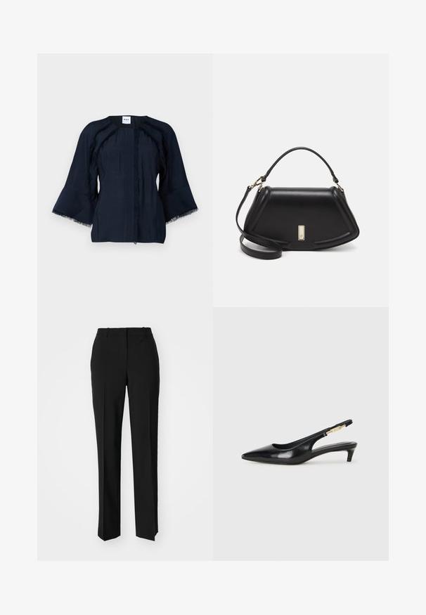 Tumedat sinised topp kolmanda kvartali kellade varrukatega, millel on frantsiisidekmaariga kaunistused õmbluste ääres ja ümmargune kaelus. Kerge kangas, millel on peen tekstuur.; Mustad ja sirged püksid, millel on sile tekstuur ja teravad voldid esiosas. Ilma nähtavate detailideta.; Mustad nahast slingback kontsad terava ninaga, millel on õhuke konts ja kuldse tooni aktsent reguleeritaval rihmal. Sile tekstuur.; Must mustrist käekott, millel on struktureeritud disain, lühendatud kuju, ülemine käepide ja kuldne metallist detail. Reguleeritav õlalihm on kaasas.
