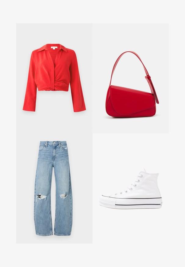 Červená skrátená blúzka s výstrihom, dlhými rukávmi a prekrúteným detailom vpredu. Vyrobená z ľahkej textúrovanej tkaniny.; Svetlomodré, vysoké džínsy vyrobené z denimu. Majú široké nohavice, dve roztrhnuté kolená a klasický päťvreckový strih.; Biele vysoké plátené tenisky s čiernou gumovou podošvou, prednou gumovou špičkou a šiestimi okami na šnúrky, s čistým, minimalistickým dizajnom.; Červená kožená kabelka s ostrým, geometrickým dizajnom. Má jeden nastaviteľný popruh a uzatváranie na klopu so šitím.