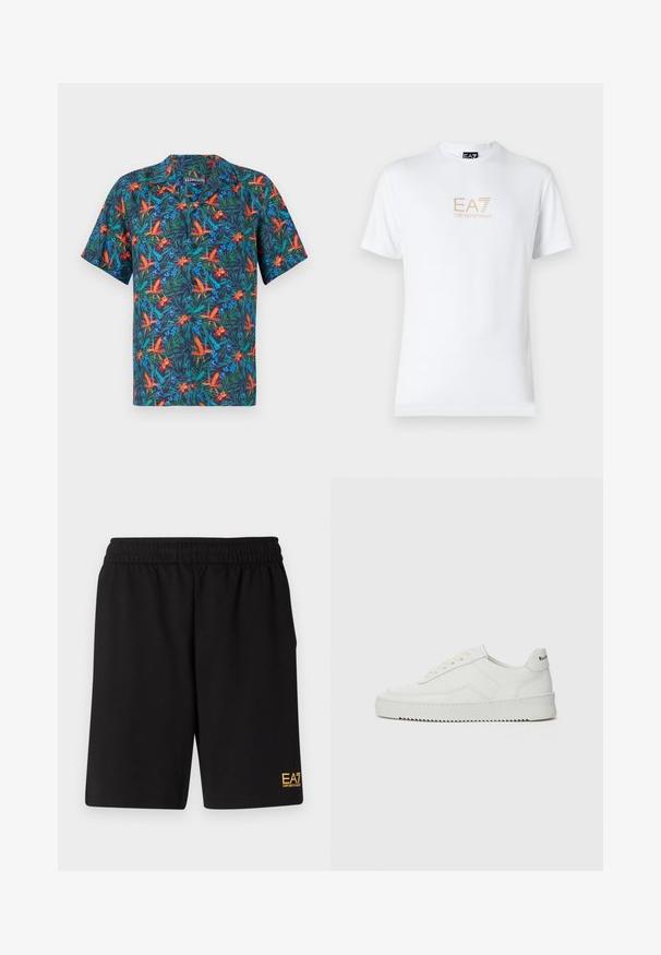 Korte mouwen shirt met een donkerblauwe achtergrond en levendige tropische bloemenpatronen in oranje, groen en blauw. Met een knoopsluiting bij de kraag.; Witte katoenen t-shirt met een ronde halslijn en korte mouwen, voorzien van een gouden EA7 Emporio Armani-logo op de voorkant.; Zwarte sportshorts van zacht materiaal, met een elastische tailleband en een klein geel EA7-logo op de onderste linkeronderbroek.; Witte leren sneaker met een gladde afwerking, ronde neus, platte veters en een gestructureerde zool. Kenmerkt zich door een subtiel logo op de hiel.
