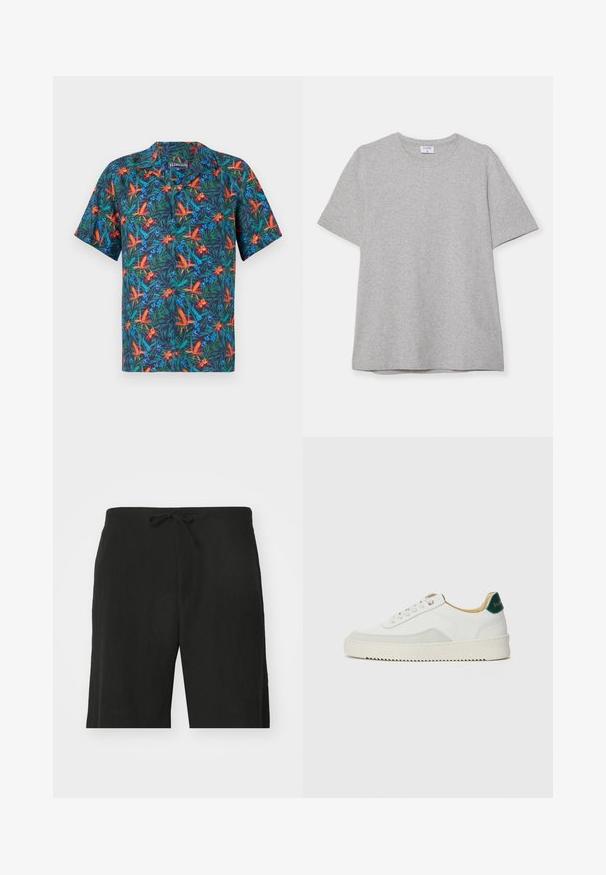 Lyhythihainen paita, jossa tummansininen tausta ja eloisat trooppiset kukkakuviot oranssina, vihreänä ja sinisenä. Napillinen kaulus.; Harmaa lyhythihainen T-paita, joka on valmistettu pehmeästä ja teksturoidusta kankaasta. Varustettu klassisella pyöreällä pääntiellä ja suoraselkäisellä helman kanssa, sopii rentoon pukeutumiseen.; Mustat pellavahousut, joissa on nauhavyötärö, rento istuvuus ja polven pituinen muotoilu. Sileä rakenne, yksinkertainen ja klassinen tyyli.; Valkoiset tennarit, joissa on nahkaosia, pyöreä kärki, tasaiset nauhat ja kermaisa kumi-pohja. Takana vihreä brändäys.