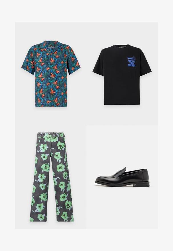 Lyhythihainen paita, jossa tummansininen tausta ja eloisat trooppiset kukkakuviot oranssina, vihreänä ja sinisenä. Napillinen kaulus.; Musta puuvillateeppari lyhyillä hihoilla, jossa on sininen teksti "SUOJAA ENERGIAASI" ja graafinen kuvio vasemmalla ylhäällä.; Housut, joissa on kukkakuosi tummanharmaana, suuret vihreät ja siniset kukat. Mukana on yhteensopiva vyö, jossa on useita niittejä ja reikiä.; Mustat nahkakengät, joissa on sileä pinta, pyöreä kärki ja koristeellinen nauha jalkapöydän yli. Matala pinoitu koroke, minimalistinen muotoilu.