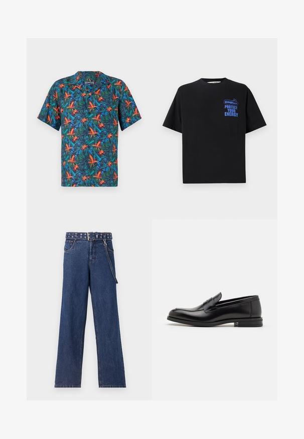 Īsām piedurkņu krekls ar tumši zilu fonu, uz kura ir spilgti tropiski ziedu raksti oranžā, zaļā un zilā krāsā. Ar pogu aizdari kakla daļā.; Melna kokvilnas T-kreklā ar īsām piedurknēm, ar zilu tekstu "AIZSARGĀ SAVU ENERĢIJU" un grafisko dizainu augšējā kreisajā pusē.; Tumši zila džinsu auduma bikses ar taisnu kāju dizainu, kas papildinātas ar rakstainu jostu ar metāla acs caurumiem un saskaņotu jostu cilpu.; Melnas ādas kurpes ar gludu tekstūru, noapaļu purngalu un dekoratīvu siksniņu pāri priekšpusei. Zems sakrauts papēdis, minimālisma dizains.