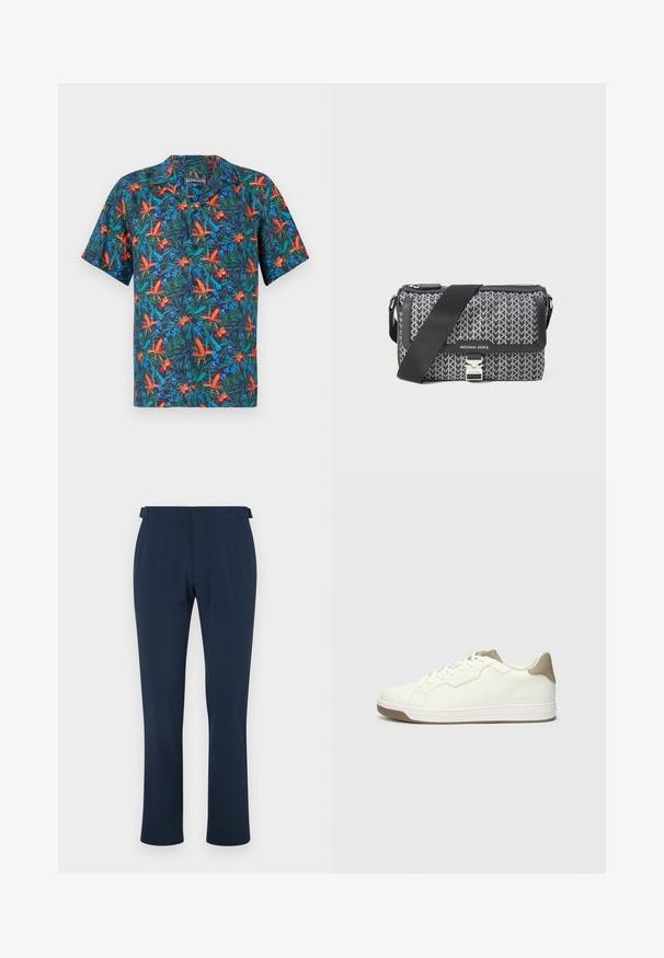 Kurzarmhemd mit dunkelblauem Hintergrund und lebhaften tropischen Blumenmustern in Orange, Grün und Blau. Mit Knopfkragen.; Blaue Hose aus glattem Stoff, mit geradem Bein, Gürtelschlaufen und einem einzigen Knopfverschluss. Minimalistischer Stil ohne Muster.; Weiße Leder-Sneaker mit einem strukturierten, beigen Mesh-Absatz. Verfügt über runde Schnürsenkel, eine Gummisohle und minimalistische Designdetails.; Schwarz- und grau gemusterte Umhängetasche mit geometrischem Design, Reißverschluss und silberfarbener Hardware-Akzent. Verstellbarer Gurt inklusive.