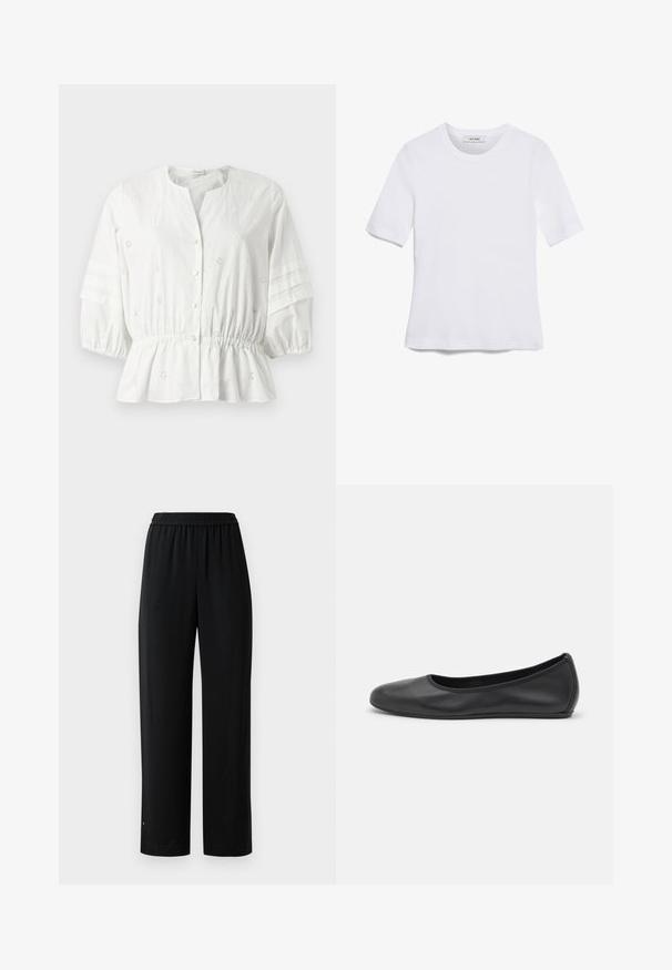 Weiße Bluse mit einem runden Ausschnitt, kurzen Puffärmeln und geraffter Taille. Verziert mit gestickten Blumenmustern und goldenen Knöpfen.; Weißes kurzärmliges T-Shirt aus geripptem Stoff. Runder Halsausschnitt, normale Passform und dezente Nähte. Keine Muster oder Grafiken.; Schwarze weite Hosen aus glattem Stoff mit elastischem Bund. Mit geradem Schnitt und minimalen Details. Geeignet für die Freizeit.; Schwarze Leder-Ballettschuhe mit abgerundeter Spitze, glatter Textur, minimalen Nähdetails und einem flexiblen Sohlen-Design.