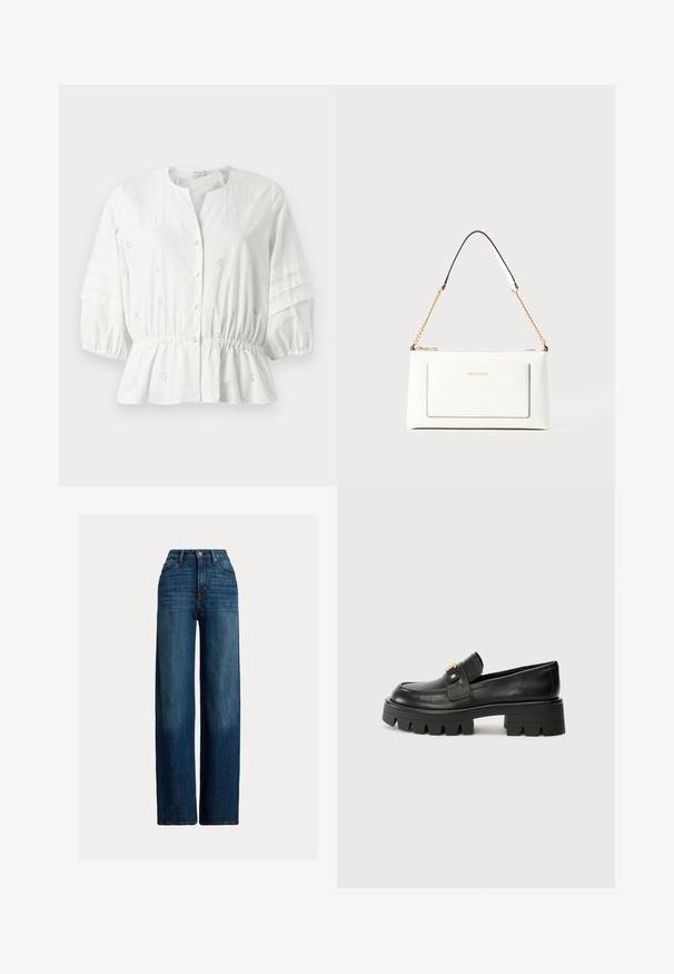 Witte blouse met een ronde halslijn, korte puffmouwen en een gathered taille. Versierd met geborduurde bloemmotieven en gouden knopen.; Wijde spijkerbroek in donkerblauw. Met een hoge taille, knoopsluiting en klassiek vijfzak ontwerp. Effen textuur met subtiele vervaging.; Zwarte leren instappers met een chunky zool, met een goudkleurige accent aan de voorkant en een gladde afwerking. Chunky profielontwerp op de zool.; Witte leren handtas met een textuurafwerking, voorzien van een gouden schouderhengsel en zwarte accenten. Inclusief een voorvak en ritssluiting.