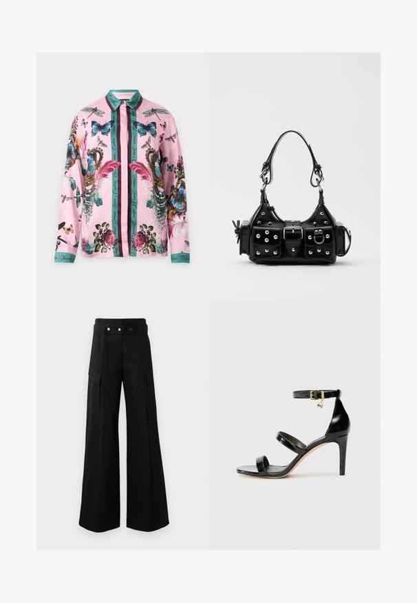 Roosa pika varrukaga nööpidega särk, millel on türkiissinine krae ja mansetid, kaunistatud värvikirevate liblikate, mardikate, roosidega, sulgede, pärlite ja türkiissiniste vertikaalsete triipudega.; Mustad laiad püksid kõrge vöökohtaga, suured küljetaskud, kaks esimest nööpi ja silmuse detailiga. Valmistatud tugevast kangast.; Must musta nahk sandaal kolme rihmaga, pahkluu vööga ja 4-tollise stilettakontsaga. Omab kuldset detaili ja logovõtit.; Must värvi nahast käekott, millel on kaarjas disain, hõbedased nupukesed, kinnitusahe ja kaks külgtaskut. Reguleeritav rihm erinevate kandmisvõimaluste jaoks.