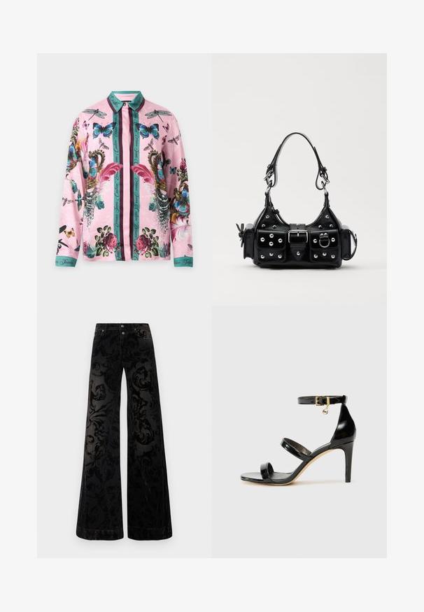 Rózsaszín, hosszúujjú inget gombokkal, türkiz színű gallérral és mandzsettákkal, amelyet színes pillangók, szitakötők, rózsák, tollak, gyöngyök és türkiz függőleges csíkok díszítenek.; Fekete, bőszárú nadrág mintás bársonyból, texturált örvénymintával, két elülső gombbal és klasszikus farmer stílussal.; Fekete lakk bőr szandál három pánttal, bokapánttal és 10 cm magasságú tűsarokkal. Arany színű részletekkel és logó charm-mal rendelkezik.; Fekete bőr kézitáska ívelt designnal, ezüst szegecsekkel, csattal és két oldalsó zsebbel. Állítható vállpánt a hordozási lehetőségekhez.