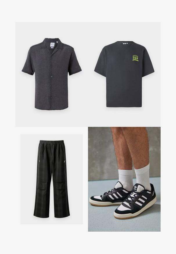 Tamsiai pilkas trumpomis rankovėmis marškinis, pagamintas iš tekstūruotos medžiagos. Su apykakle ir penkiais mygtukais priekyje.; Anglies pilkos spalvos Adidas marškinėliai trumpomis rankovėmis su mažu neoninės žalios spalvos grafikų, vaizduojančiu garsiakalbius, saulę ir Adidas logotipą, kairėje krūtinės pusėje.; Juodos languotos kelnės su elastingu juosmeniu, dviem priekinėmis kišenėmis ir laisvu tiesiu kirpimu. Pagamintos iš lengvos medžiagos.; Juodos ir baltos sportinės bateliai su zomšiniu ir odiniu viršumi, su trimis baltomis juostelėmis, perforuota koja ir guminėmis padais.