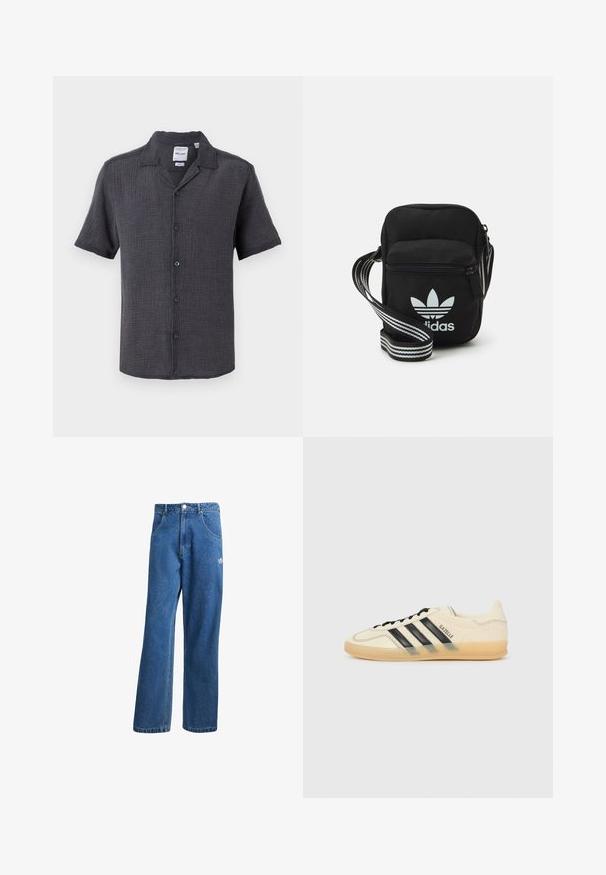 Sötétszürke, rövid ujjú gombos ing texturált anyagból. Gallérral és öt gombbal a fronton.; Kék, magas derekú, bő szárú farmernadrág elülső zsebekkel, övhurkokkal, gombos záródással és kicsi Adidas logóval a jobb combon.; Világoskrém színű sneaker fekete háromsávos dizájnnal, textúrált felsőrésszel, kerek orral és gumitalppal. Felszereltsége közé tartozik a fűzés és a logó az oldalán.; Fekete anyagú, keresztpántos táska cipzáras záródással, fehér Adidas logóval és csíkos állítható pánttal a könnyű hordozás érdekében.