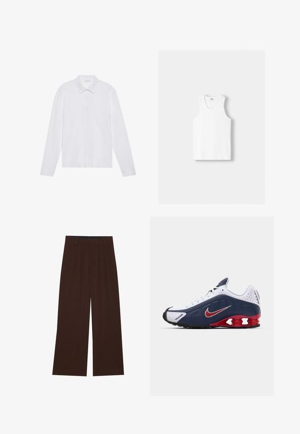 Valkoinen pitkähihainen paita, jossa on terävä kaulus, etupainon sulkeminen ja pyöreät hihansuut. Paidassa on sileä, pehmeä kankaan rakenne.; Valkoinen puuvillainen hihaton paita, jossa on pyöreä kaula-aukko, leveät olkaimet ja suora helma. Paidan tekstuuri on sileä, eikä siinä ole näkyviä kuvioita.; Ruske leve široke hlače z gubami. Narejene so iz gladkega blaga, z oblikovanim pasom in stranskimi žepi. Ravna obleka na dnu.; Valkoinen ja tummansininen urheilujalkine punaisilla yksityiskohdilla, verkkomaisia paneeleita, pehmustettu kaulus ja erottuva pohjasuunnittelu, jossa näkyvät vaimennusyksiköt.