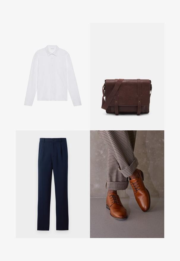 Chemise blanche à manches longues avec un col pointu, fermeture à boutons sur le devant et poignets arrondis, présentant une texture de tissu lisse et douce.; Pantalons bleu marine en tissu lisse, dotés d'une fermeture à un bouton, de plis et de jambes droites. Design minimaliste sans motifs notables.; Des chaussures en cuir marron présentent un bout arrondi, un laçage à cinq œillets et des lacets sombres contrastés. Le pantalon est à carreaux, retroussé aux poignets.; Sac en cuir marron de style messager avec un rabat plat à l'avant, deux sangles, des accents en métal doré et une bandoulière adjustable.