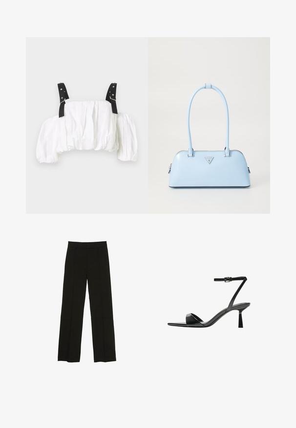 Top scurt alb dintr-un material texturat, cu mâneci puff prinse și curele negre cu accente din metal argintiu.; Pantaloni largi negri, confecționați dintr-un material fin, cu un talie ajustată și pliuri frontale subtile pentru un plus de textură.; Bershka Sandale cu toc - black; Geantă de mână bleu deschis, cu o formă structurată, din piele netedă, două mânere și un logo de brand triunghiular pe față. Închidere cu fermoar.
