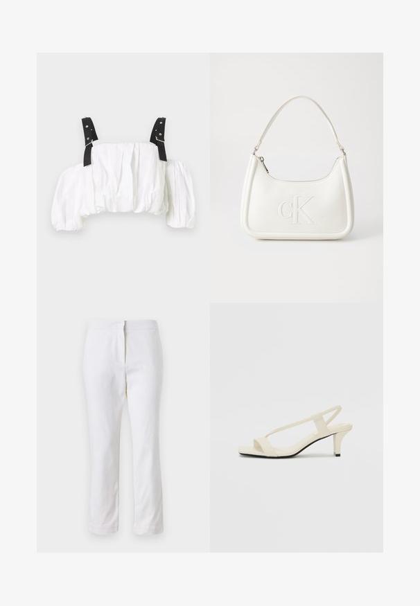 Balts īss tops, kas izgatavots no teksturēta auduma, ar savelkamiem pūka piedurknēm un melnām siksnām ar sudraba aksesuāriem.; Baltas kokvilnas bikses ar taisnu kāju dizainu, ar vidēju augstumu un bez redzamām detaļām vai rakstiem. Visā virsmā ir gluda tekstūra.; Beige bloku papēžu sandales ar plānām siksnām un kvadrāta formas purngalu. Gluda materiāla virsma ar minimālām detaļām, paredzētas ērtai nēsāšanai.; Balta ādas rokassoma ar noapaļotu formu, uz kuras priekšpuses ir izgriezts "CK" logo un viena plecu siksna. Augšā aizverama ar rāvējslēdzēju.