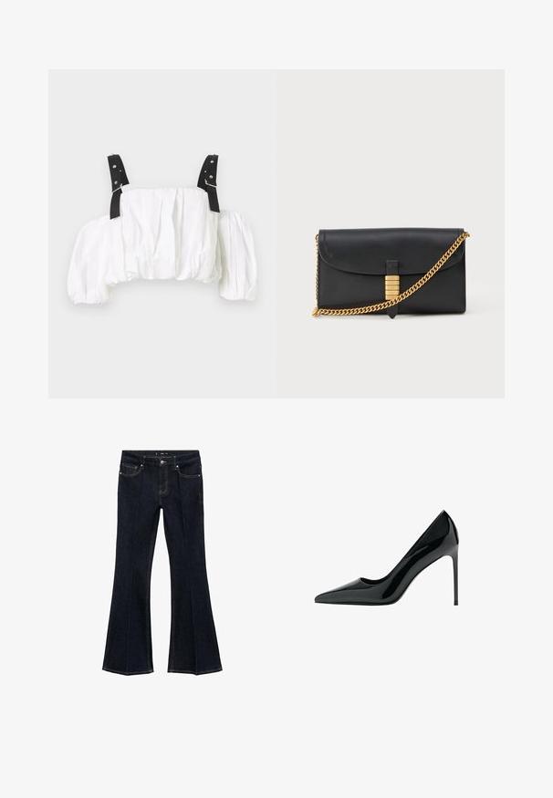 White cropped top made of textured fabric, featuring gathered puff sleeves and black straps with silver hardware accents.; Dark blue denim jeans with high waist, front pockets, and flared wide legs, displayed flat on a white background.; Black patent leather stiletto heel pump with a pointed toe and smooth, shiny texture; tall, slender heel; minimalistic design.; Black leather clutch with a fold-over flap, gold chain strap, and a decorative gold accent with raised letters, smooth texture.