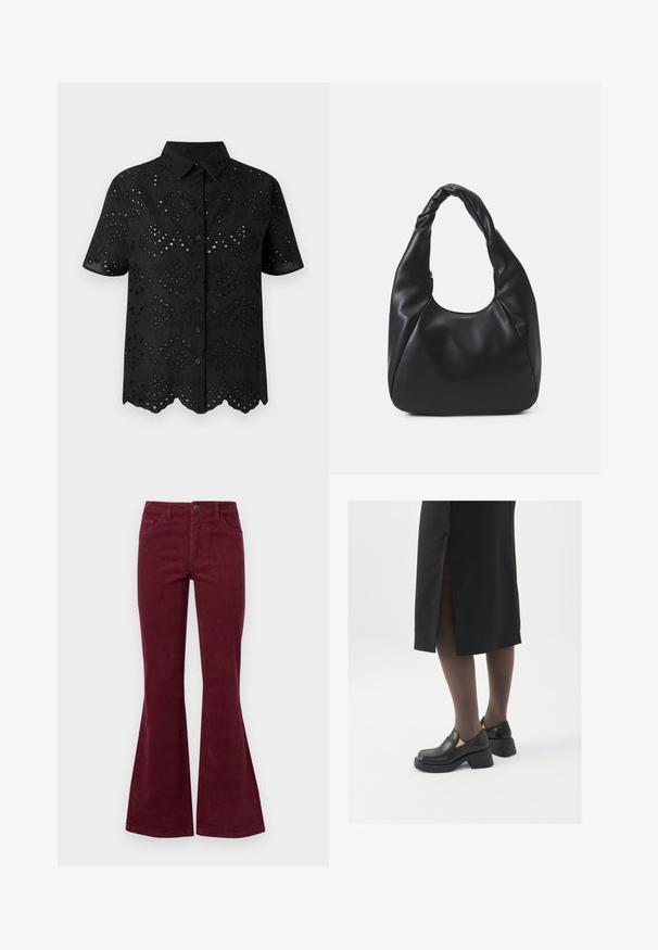 Juoda trumpa rankovė marškinėliai, puošti akių siuvinėjimu, su banguotu apvadu ir mygtukų užsegimu. Lengva medžiaga su tekstūruotu raštu.; Burgundiškos aksominės platėjančios džinsai su penkiomis kišenėmis, priekiniais mygtukais ir tekstūruota medžiaga. Platėjimas prasideda nuo kelio iki apvado.; Juodos odinės bateliai su apvaliu nosiu, stora blokine pakulne ir elastingais šonais, derinami su tamsiomis pėdkelnėmis ir juoda sijonu su plyšiu.; Juodas hobo krepšys, pagamintas iš lygaus odos panašaus materiaus, su susuktos rankenos, turintis minkštą, apvalią formą ir viršutinį užtrauktuką.