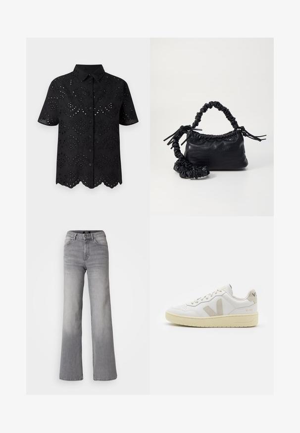 Black short-sleeve shirt featuring eyelet embroidery with a scalloped hem and button front. Lightweight fabric with a textured pattern.; High-waisted straight-leg gray denim jeans with front button and zipper, front and back pockets, and faded shading on thighs and calves.; White leather sneaker with beige suede accents, perforated toe box, flat laces, and a textured cream sole. Features subtle branding on heel.; Black faux leather handbag with a crocodile texture, cinched top, and a scrunched strap. Appears soft and compact in design.