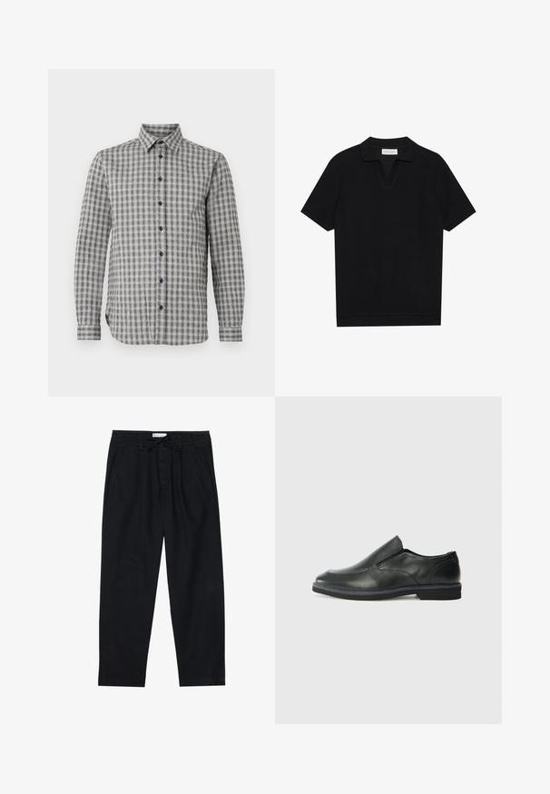 Herrskjorta med lång ärm i grått med rutmönster, med knapp-ner krage och svarta knappar, gjord av mjukt tyg.; Svart kortärmad polo t-shirt i en texturerad, ribbad tyg, med en v-ringning och rak fåll. Inga synliga logotyper eller mönster.; Pier One Chinos - black; Svart lädersko i slip-on-modell med en slät ovandel, sömnadsdetaljer, rund tå och låg gummihäl. Sulan har minimal mönstring.