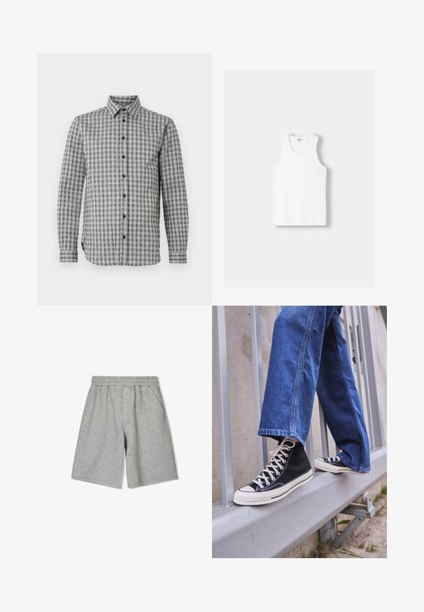 Herenoverhemd met lange mouwen in grijs met een geruit patroon, voorzien van een button-down kraag en zwarte knopen, gemaakt van zachte stof.; Witte katoenen tanktop met een ronde halslijn, brede schouderbanden en een rechte zoom, met een gladde textuur en zonder zichtbare patronen.; Grijze katoenen shorts met een elastische tailleband, voorzien van zijzakken en een relaxte pasvorm. Soepele textuur en knielange stijl.; Zwarte hoge sneakers met witte zool en veters, gecombineerd met losse blauwe denim jeans, rustend op een grijze leuning.