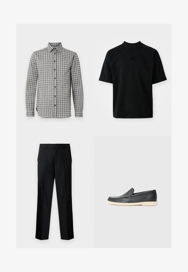 Camisa de homem de mangas longas em cinza com padrão xadrez, apresentando colarinho abotoado e botões pretos, feita de tecido suave.; Camiseta preta de manga curta feita de algodão com gola alta, apresentando uma textura suave e um logotipo discreto ao centro.; Calças pretas bem ajustadas com corte reto, apresentando fecho com botão, braguilha com zip e passadores de cinto. Tecido suave com bolsos laterais.; Mocassins pretos em couro com acabamento texturizado e sola de borracha bege em contraste. Apresenta um detalhe subtil na parte da frente.