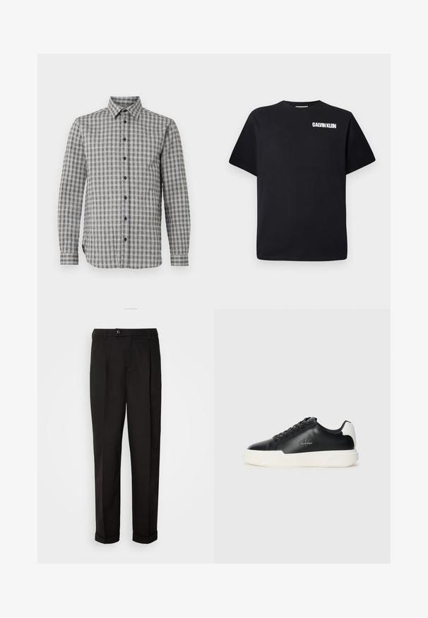 Hallide pikad käised särk halli värvi ruudulise mustriga, nööpidega kraega ja mustade nööpidega, valmistatud pehmest kangast.; Must musta T-särk, ümar kaelus, lühikesed varrukad ja valge "CALVIN KLEIN" logo trükitud vasakule ülemisele poole.; Mustad püksid siledast kangast, sirge lõikega, kahe esipocketiga ja ühe nööbiga vöökoha kinnitamiseks.; Mustad musta nahast jooksutossud valge kummist tallaga. Omavad ümmargust ninakujuga disaini, paeltega kinnitust ja logo detaili külgedel. Tagumine aktsent on valge.