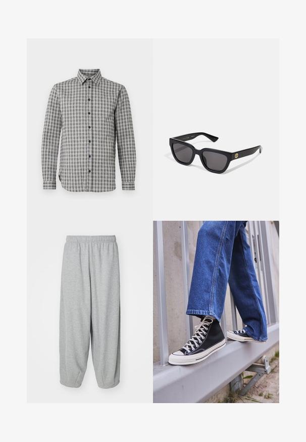 Men's long-sleeve shirt in gray with a checked pattern, featuring a button-down collar and black buttons, made from soft fabric.; Light gray, loose-fitting sweatpants made of soft fabric. Elastic waistband and cuffs at the ankles. Simple and unadorned design.; Black high-top sneakers with white sole and laces, paired with loose blue denim jeans, resting on a gray railing.; Black rectangular sunglasses with a glossy finish, dark lenses, and gold hardware accent on the temple featuring the logo.