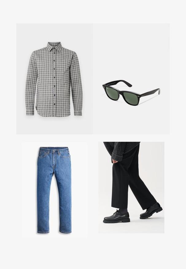 Hallide pikad käised särk halli värvi ruudulise mustriga, nööpidega kraega ja mustade nööpidega, valmistatud pehmest kangast.; Sinine denimist teksapüksid otse lõikega, viie taskuga, nööpide sulgemisega ja puhase valge tausta peal oranzide õmblustega.; Mustad mustad nahast kingad ümarate varvastega, nööridega disain ja paks tekstuurne talla. Kanda koos kohandatud mustade pükstega ja ribadega sviitriga.; Mustad mustan plastiku prillid roheliste läätsedega, ruudukujulised raamid, hõbedane aksent kulmude peal ja tekstuuriga tempelkäed. Brändi nimi on märgitud sisevarrele.