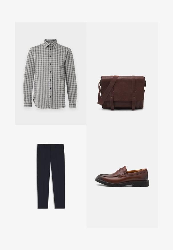 Herreskjorte med lange ærmer i grå med ternet mønster, der har krave med knapper og sorte knapper, lavet af blødt stof.; Marinebukser med en skræddersyet pasform, der har to forlommer, en flad frontdesign og en glat tekstur. Ingen synlige mønstre eller udsmykninger.; Brune læder loafers med rund tå, dekorativ syning og sort gummisål. Glat tekstur og minimale design detaljer.; Brun læder buddeltaske med en flad frontklap, to remme, guld hardware detaljer og en justerbar skulderrem.
