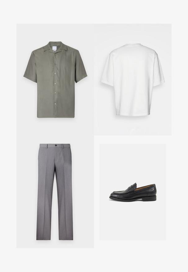 Camisa de botones de manga corta en tejido verde olivo apagado. Presenta un collar clásico, siete botones frontales y un corte relajado. Textura suave.; Camiseta blanca de manga corta, corte holgado, cuello redondo, tela de algodón suave, parte posterior sin adornos, dobladillo recto, sin patrones ni acentos.; Pantalones grises a medida con frente plano, dos bolsillos laterales y cierre de un botón. Textura suave con un sutil patrón de rayas en relieve.; Mocasines de cuero negro con un acabado suave, punta redondeada y costuras decorativas en la parte superior. Tacón bajo apilado y un ligero brillo.