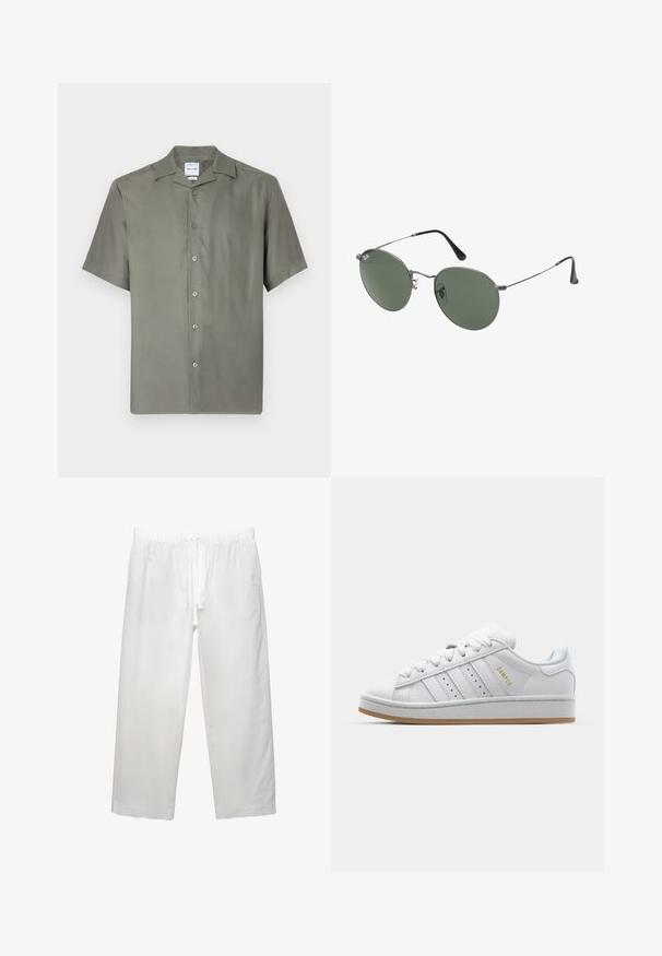 Camicia button-up a maniche corte in tessuto verde oliva tenue. Caratterizzata da un colletto classico, sette bottoni frontali e una vestibilità rilassata. Tessuto morbido.; T-shirt bianco in cotone con maniche corte, scollo rotondo e vestibilità rilassata. Texture liscia senza pattern o dettagli visibili.; Pantaloni bianchi in lino con cintura elastica e cordoncino, design a gamba ampia e cuciture pulite. Texture liscia con vestibilità casual.; Sneaker bianca con design a tre strisce perforate, dettagli testurizzati, suola in gomma e logo "CAMPUS" in oro sul lato.; Occhiali da sole con montatura in metallo e lenti verdi ovali. Montatura sottile in metallo argento e terminali neri. Design minimalista, senza loghi visibili.