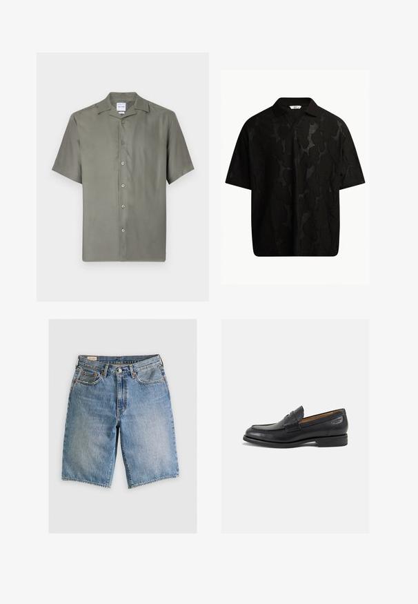 Camicia button-up a maniche corte in tessuto verde oliva tenue. Caratterizzata da un colletto classico, sette bottoni frontali e una vestibilità rilassata. Tessuto morbido.; Polo shirt nero a maniche corte con un motivo astratto testurizzato. Il colletto è piatto e leggermente aperto, migliorando il design rilassato.; Shorts in denim azzurro chiaro con taglio classico. Presentano cinque tasche, dettagli di cucitura arancione e orli a taglio vivo.; Mocassini in pelle nera con finitura liscia, punta arrotondata e cuciture decorative sulla tomaia. Tacco basso impilato e leggero lucido.