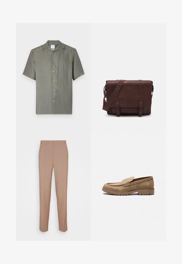 Kurzärmliges Hemd aus gedämpftem olivgrünem Stoff. Verfügt über einen klassischen Kragen, sieben Frontknöpfe und eine lockere Passform. Glatte Textur.; Beige, maßgeschneiderte Hose aus glattem, strukturiertem Stoff. Gerade Passform mit Bund, ohne sichtbare Verzierungen oder Taschen.; Sandfarbene Wildleder-Leder-Loafer mit runder Zehenpartie, flacher Gummisohle und dekorativer Naht im oberen Bereich. Sie verfügen über ein slipp-on Design ohne Schnürsenkel.; Braune Leder-Umhängetasche mit einer flachen Vorderklappe, zwei Riemen, goldenen Hardware-Akzenten und einem verstellbaren Schultergurt.
