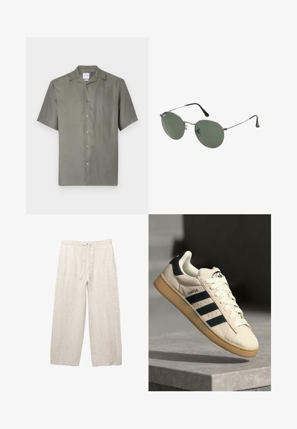 Košela s krátkym rukávom v tlmenom olivovom zelenom materiáli. Obsahuje klasický golier, sedem predných gombíkov a voľný strih. Hladká textúra.; Ľanové nohavice v svetlej béžovej farbe, s elastickým pásom na šnúrku, širokým strihom a bočnými vreckami. Hladká textúra.; Béžové semišové tenisky s tromi tmavomodrými pruhmi, bielymi šnúrkami a béžovou gumovou podrážkou. Obsahujú logo na jazyku a text "CAMPUS".; Sunglass s metalovým rámom s oválnymi zelenými šošovkami. Tenký strieborný kovový rám a čierne štuple za uši. Minimalistický dizajn, bez viditeľných log.