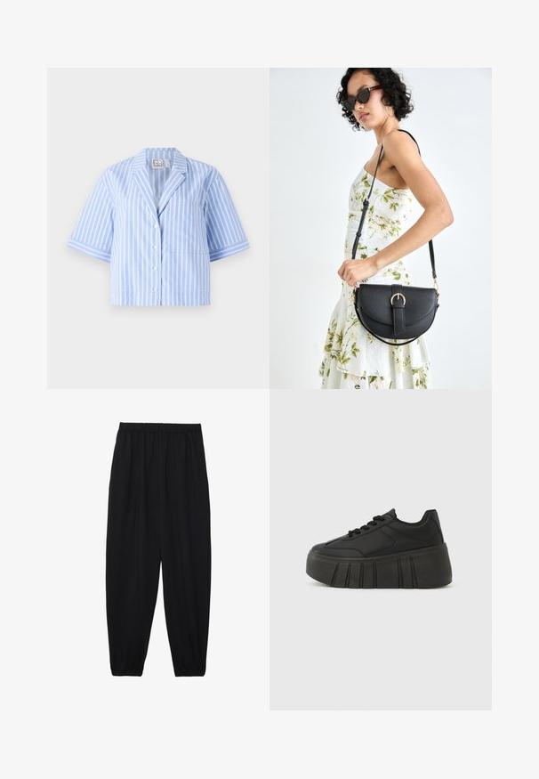 Modrá a biela pruhovaná košeľa s krátkym rukávom, s golierom, prednými gombíkmi, jednou kapsičkou a kontrastnými pruhmi na rukávoch.; Čierne, ľahké nohavice s elastickým pásom a zúženými nohavicami. Tkanina je hladká a má voľný, zúžený strih.; Čierne platformové tenisky s hladkým syntetickým zvrškom, zaoblenou špičkou, šnurovacím dizajnom a hrubou, ryhovanou podrážkou pre väčšiu výšku.; Čierna kožená kabelka s zaobleným tvarom, odnímateľným popruhom a zlatými doplnkami. Kabelka má klopu s detailom s prackou.