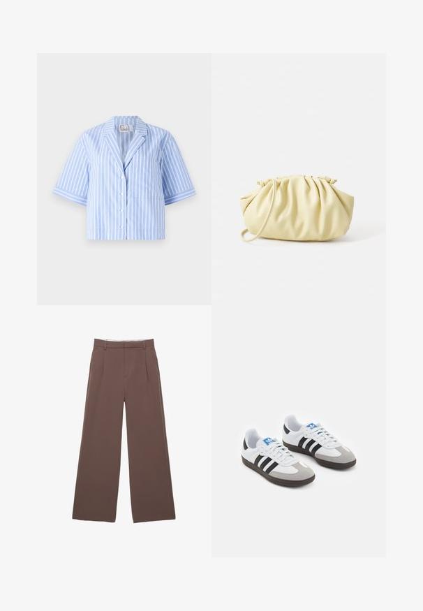 Sininen ja valkoinen raidallinen lyhythihainen paita, jossa on kaulus, etupainikkeet, yksi tasku ja eriväriset raidat hihassa.; Löysät housut tummanruskeasta kankaasta, joka on sileäpintaista, edessä laskoksia ja muotoiltu vyötärö. Ei näkyviä logoja tai kuvioita.; Urheilukengät, joissa on valkoinen nahkainen päällinen, harmaa mokkanokka ja kolme mustaa raitaa. Ominaisuuksina sininen logo kielekkeessä ja kuvioitu kumipohja.; Keltainen pleidattu käsilaukku, joka on valmistettu sileästä keinonahasta. Laukussa on pehmeä muoto, yksittäinen olkahihna ja rypytetty yläosa.