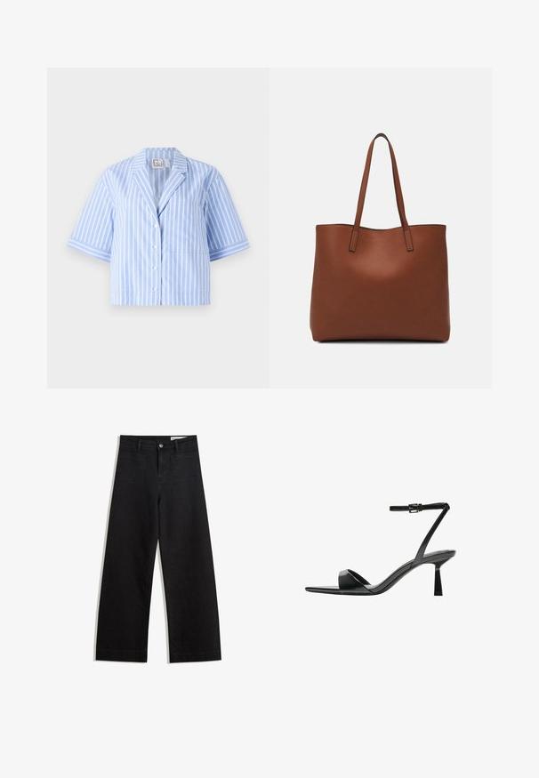 Plava i bijela prugasta košulja kratkih rukava s okovratnikom, prednjim gumbima, jednim džepom i kontrastnim prugama na rukavima.; Crne široke traperice s visokim strukom, s prednjim i stražnjim džepovima, šivenim šavovima i kopčanjem na gumb. Glatka tekstura.; Bershka Sandale s visokom petom - black; Smeđa kožna torba preko ramena s glatkom teksturom, otvorenim vrhom i dvjema naramenicama. Ima minimalne šavove i nema vidljivog hardvera.