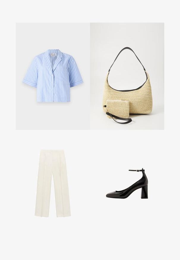 Blue and white striped short-sleeve shirt with a collar, front buttons, single pocket, and contrasting stripes on the sleeves.; Wide-legged trousers in a light cream color. Made from a smooth fabric with pleats at the front and side pockets.; Black patent leather ankle strap pump with a glossy finish, pointed toe, and a thick block heel. Smooth texture, minimal detailing.; Woven straw handbag with a curved silhouette, featuring a smooth black leather strap and a matching small pouch attached by a wrist strap.